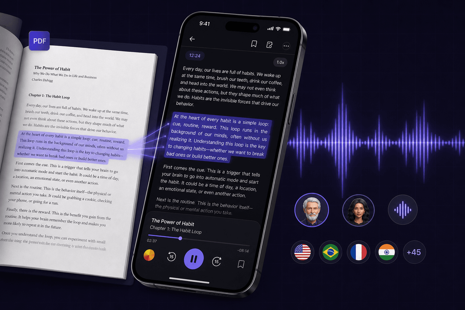 oBook converting a highlighted PDF passage into audio with natural voice and playback controls